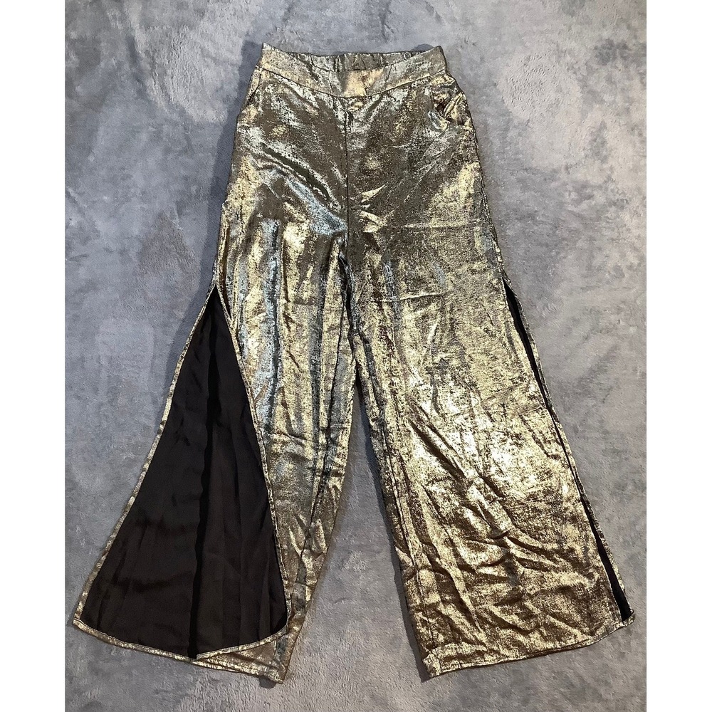 MakeMeChic Womens Gold Metallic Wide Leg Pants High Slit Disco Party NWT Size M
